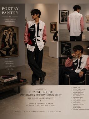 Vintage 90s Colorblock Abstract Patchwork Button Down Shirt Picasso Face Cotton